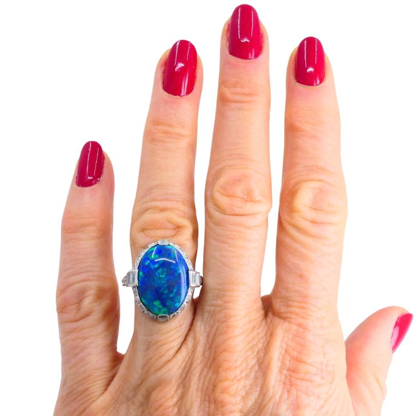 Women's or Men's Art Deco Black Opal Ring Platinum Diamond Estate Jewelry For Sale