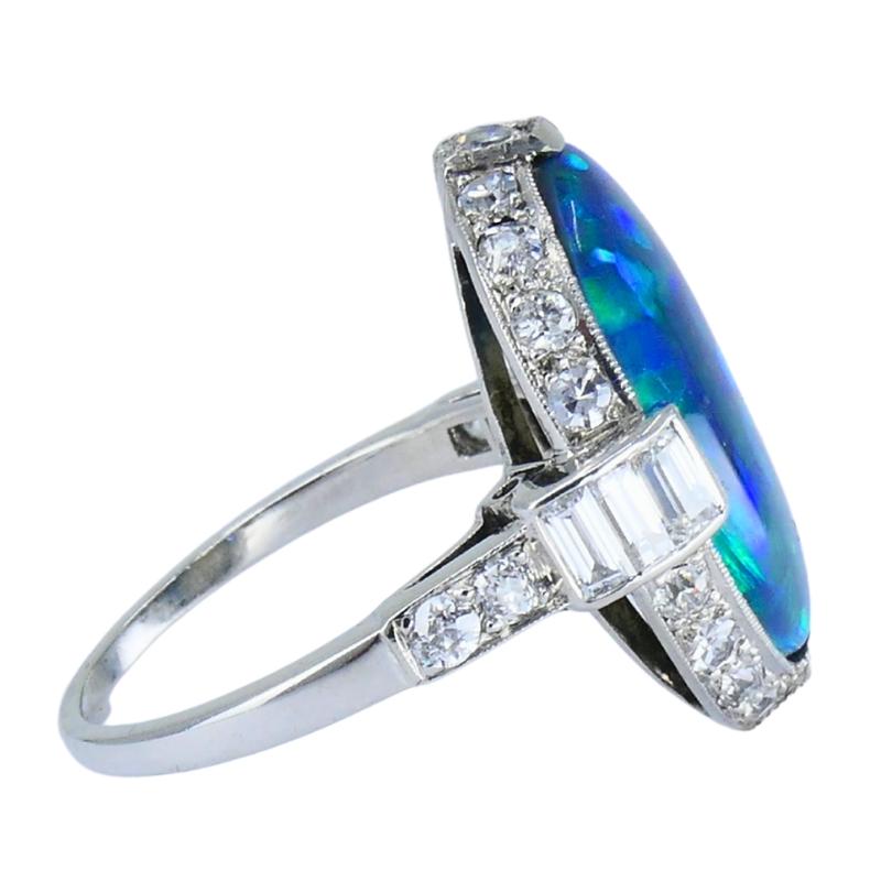 Art Deco Black Opal Ring Platinum Diamond Estate Jewelry For Sale 2