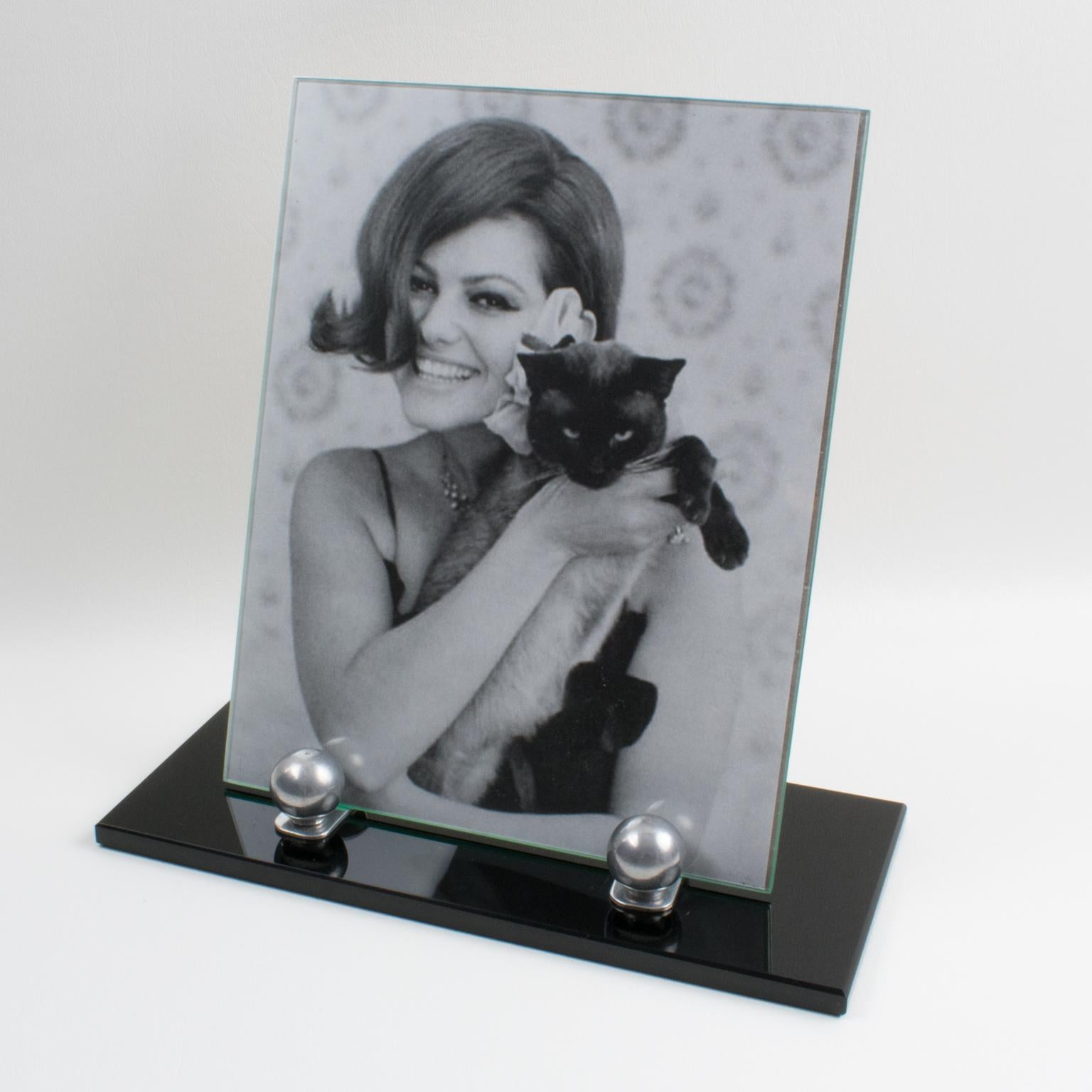 Marco Art Decó de cristal opalino negro y aluminio, años 30 Francés en venta