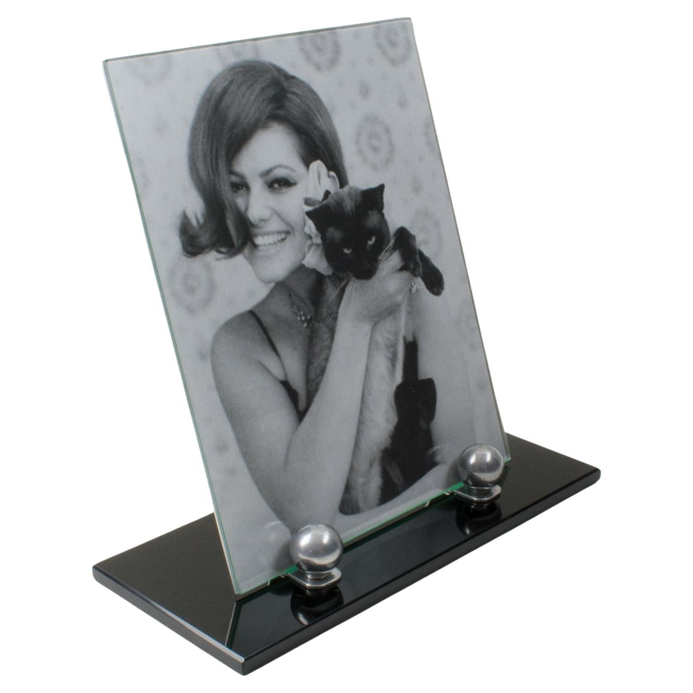 Art Deco Black Opaline Glass and Aluminum Picture Frame, 1930s For Sale