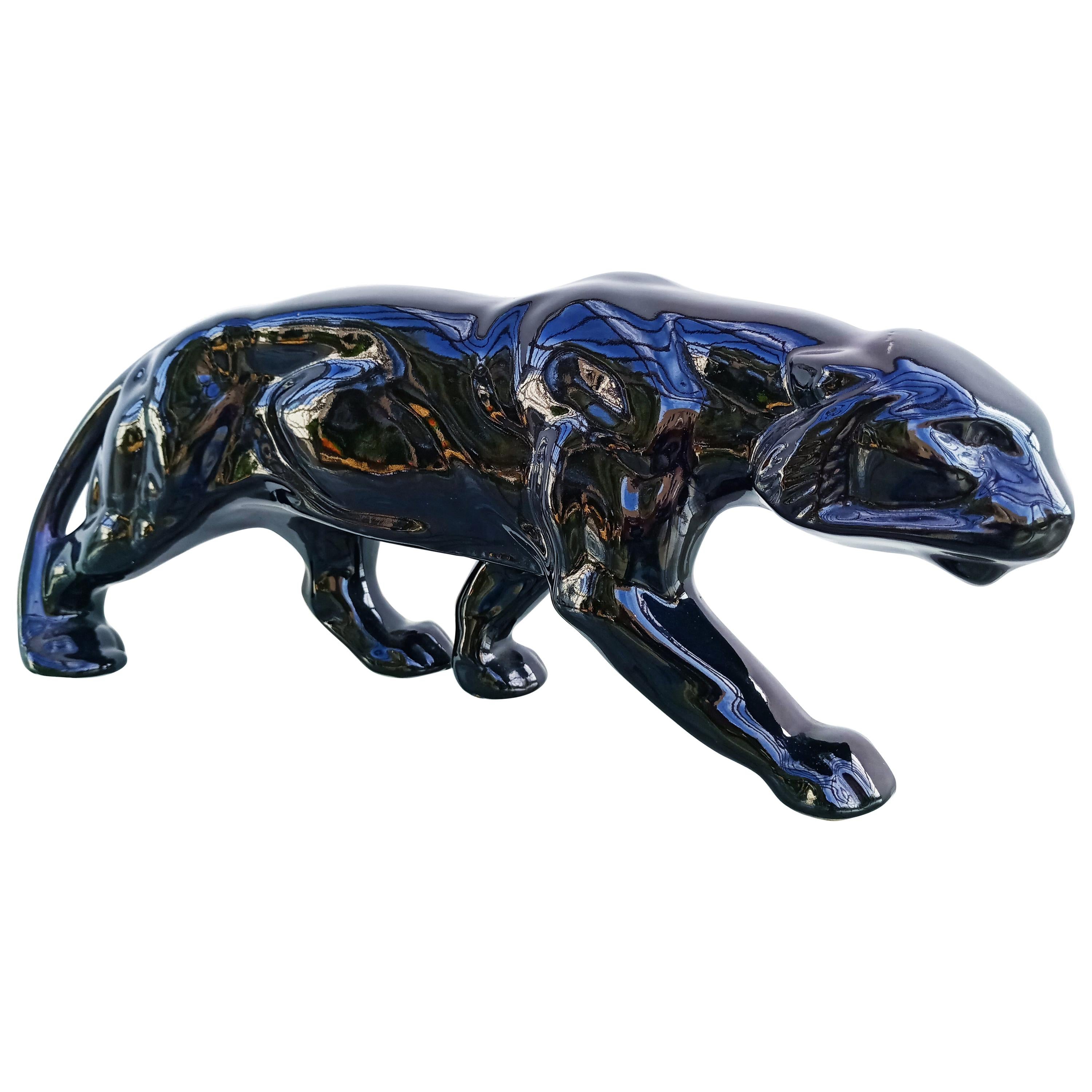 Art Deco Black Panther Ceramic, France, 1930s