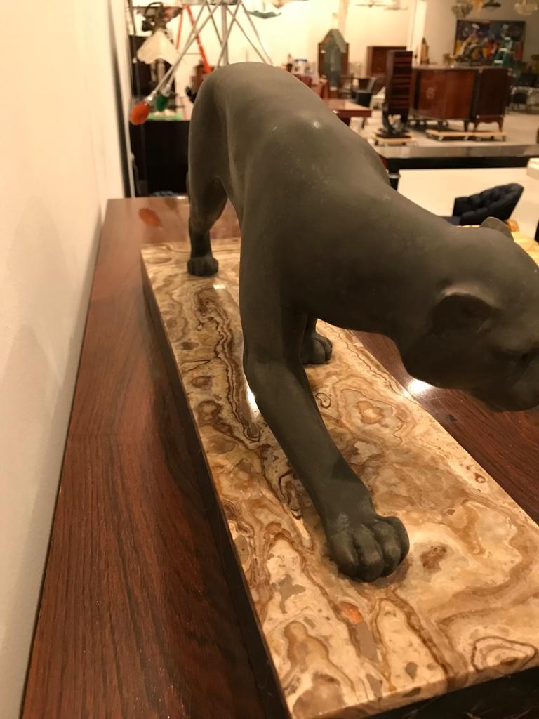 Art Deco Black Panther Sculpture on Portoro Marble Base Signed Meland For Sale 5