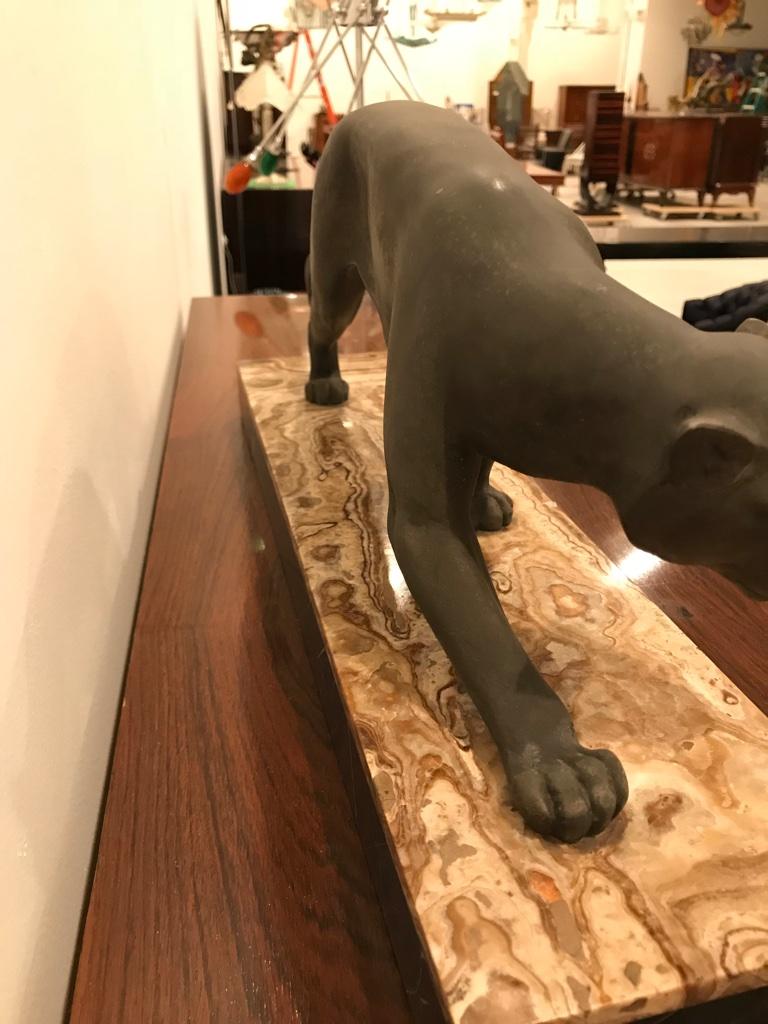 Art Deco Black Panther Sculpture on Portoro Marble Base Signed Meland For Sale 6