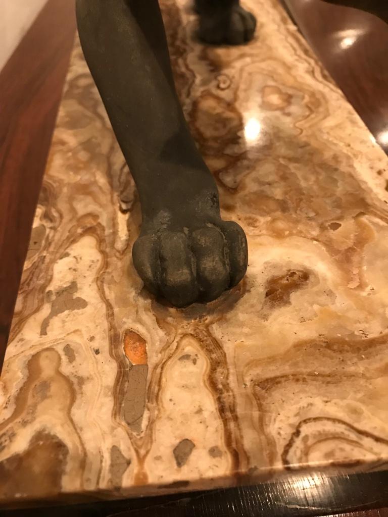 Art Deco Black Panther Sculpture on Portoro Marble Base Signed Meland For Sale 7