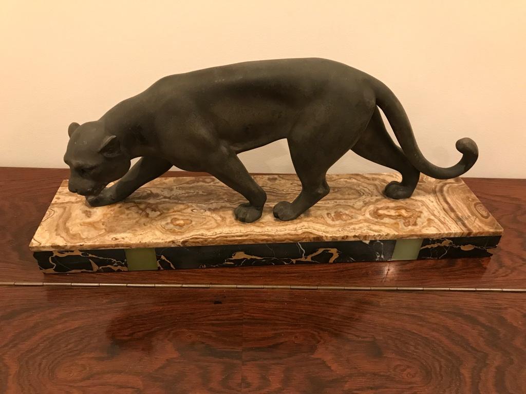 Art Deco Black Panther Sculpture on Portoro Marble Base Signed Meland For Sale 8