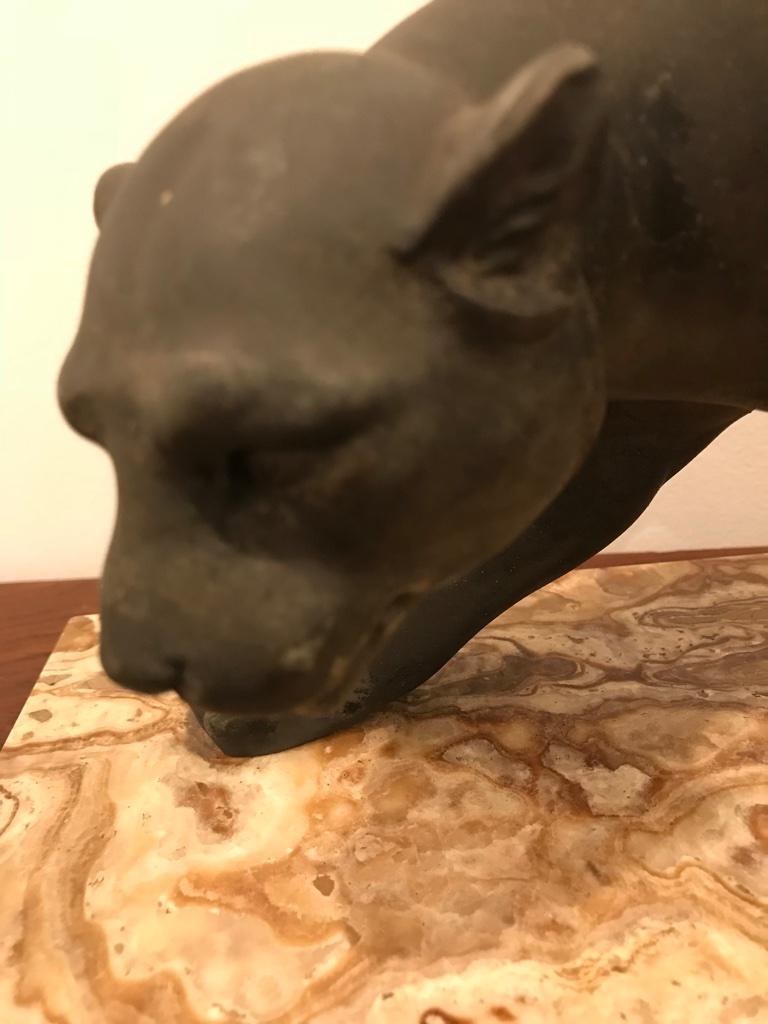 Art Deco Black Panther Sculpture on Portoro Marble Base Signed Meland In Good Condition For Sale In North Bergen, NJ