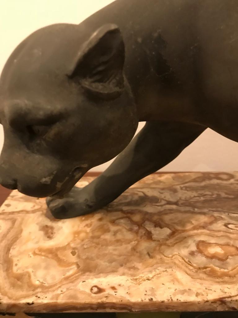 20th Century Art Deco Black Panther Sculpture on Portoro Marble Base Signed Meland For Sale