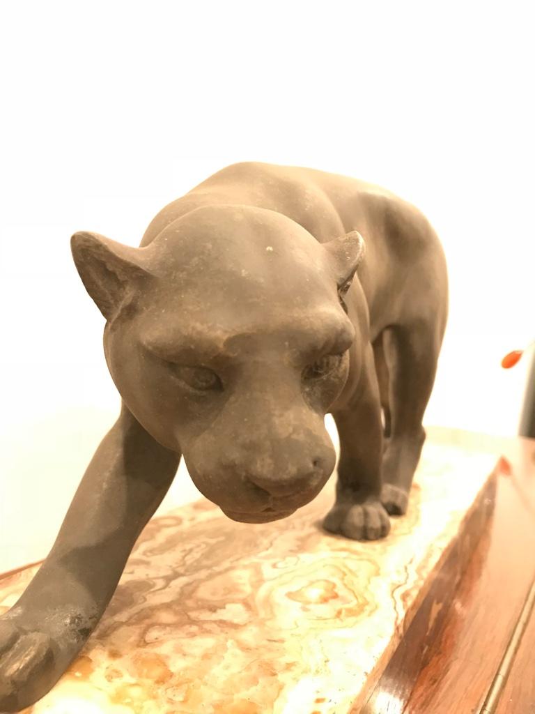 Art Deco Black Panther Sculpture on Portoro Marble Base Signed Meland For Sale 1