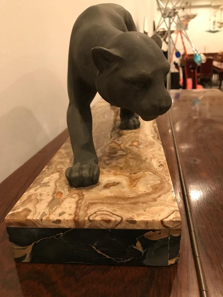 Art Deco Black Panther Sculpture on Portoro Marble Base Signed Meland For Sale 2