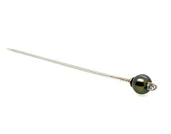 Art Deco Black Pearl Diamond Stick Pin Antique 14K White Gold Original 1940's