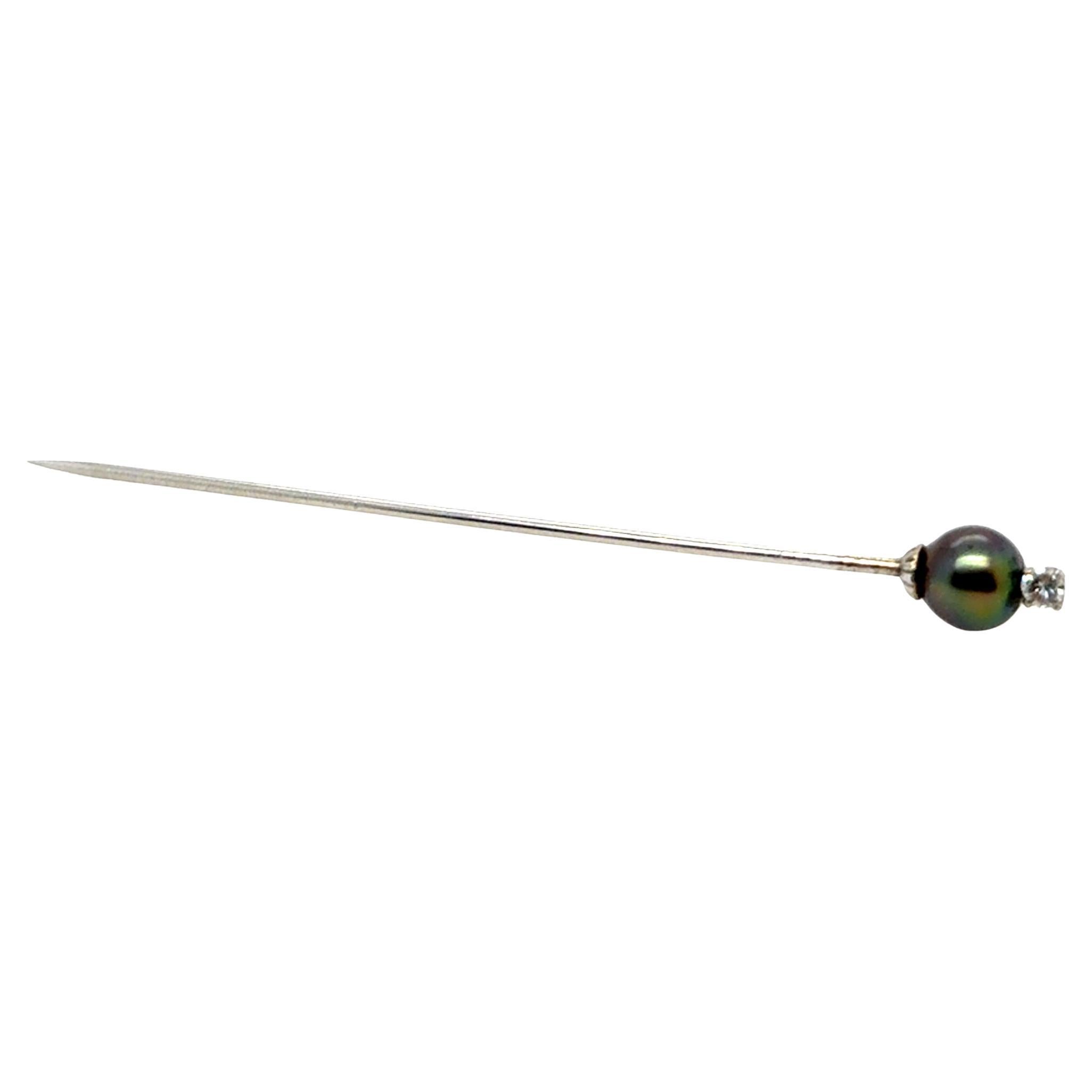 Art Deco Black Pearl Diamond Stick Pin Antique 14K White Gold Original 1940's