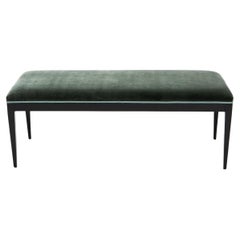 Banc Art Deco en acajou poli noir avec tapisserie en velours vert émeraude