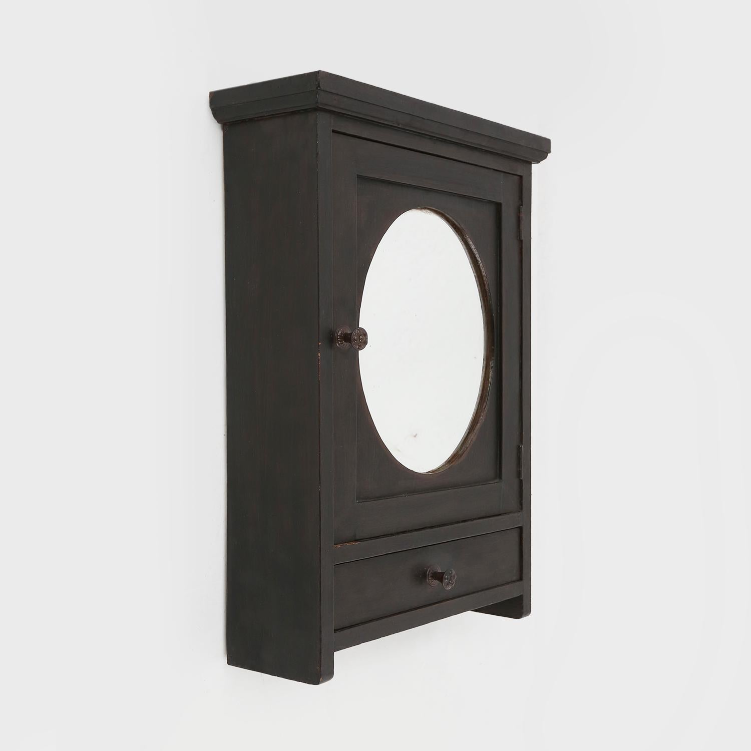 Painted Art Deco black shaving cabinet with mirror and drawer, France 1930s