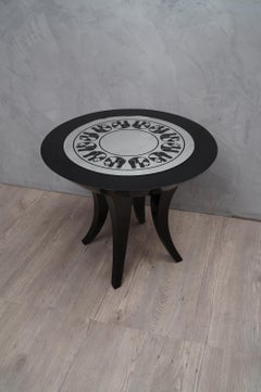 Art Deco Black Shellac and Engraved Mirror Italian Side Sofa Table, 1980