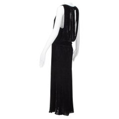 Art Deco Black Silk Velvet Slash-Back Ribbon Peplos Gown - S, late 1920s