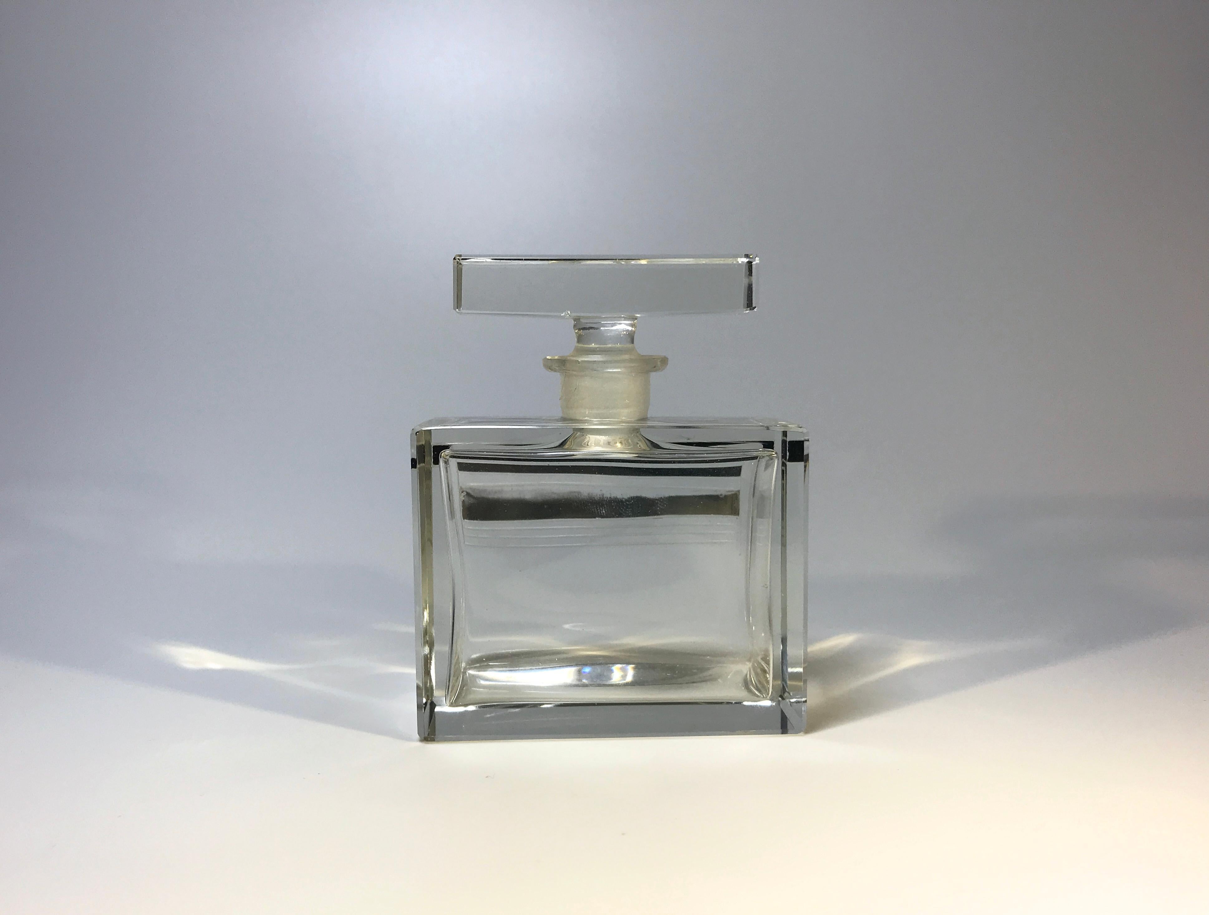 Glass Art Deco Black and Silver Enamel Geometric Czech Bohemian Perfume Bottle, 1930s