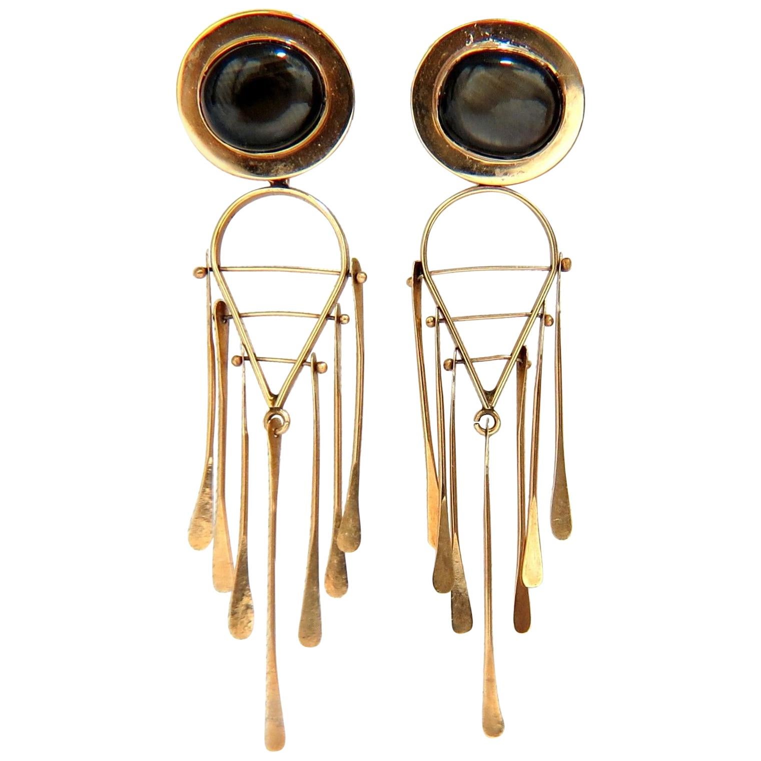 Art Deco Style Black Star Symbolic Dangle Earrings 14 Karat Dream Catcher