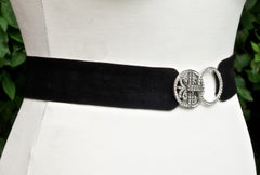 Art Deco Black Suede and Kid Leather Belt with a Rhinestone Fleur De Lis Buckle