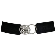 Art Deco Black Suede and Kid Leather Belt with a Rhinestone Fleur De Lis Buckle