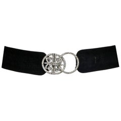 Art Deco Black Suede and Kid Leather Belt with a Rhinestone Fleur De Lis Buckle 