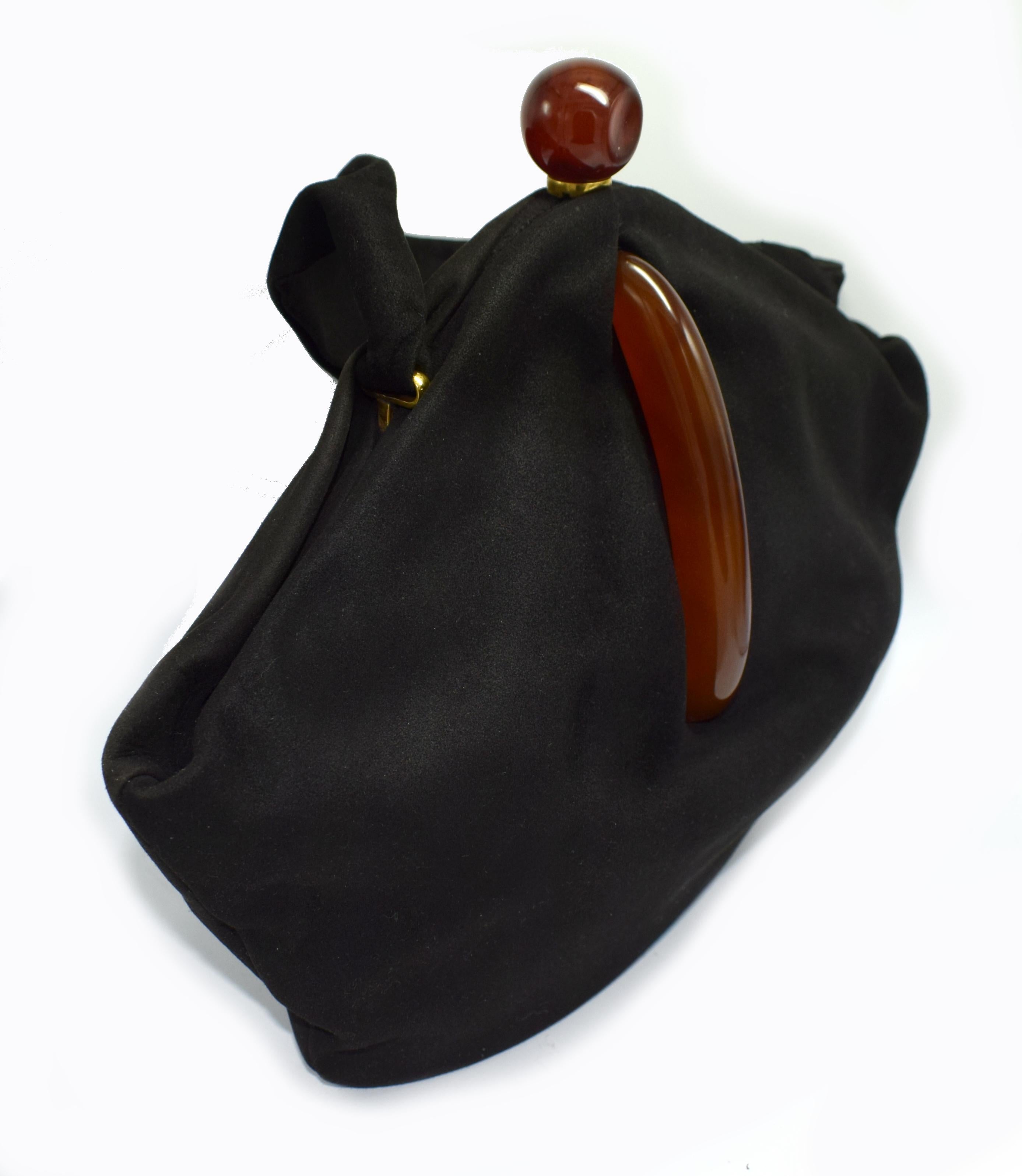20th Century Art Deco Black Suede Phenolic Bakelite Ladies Bag, circa 1930s For Sale