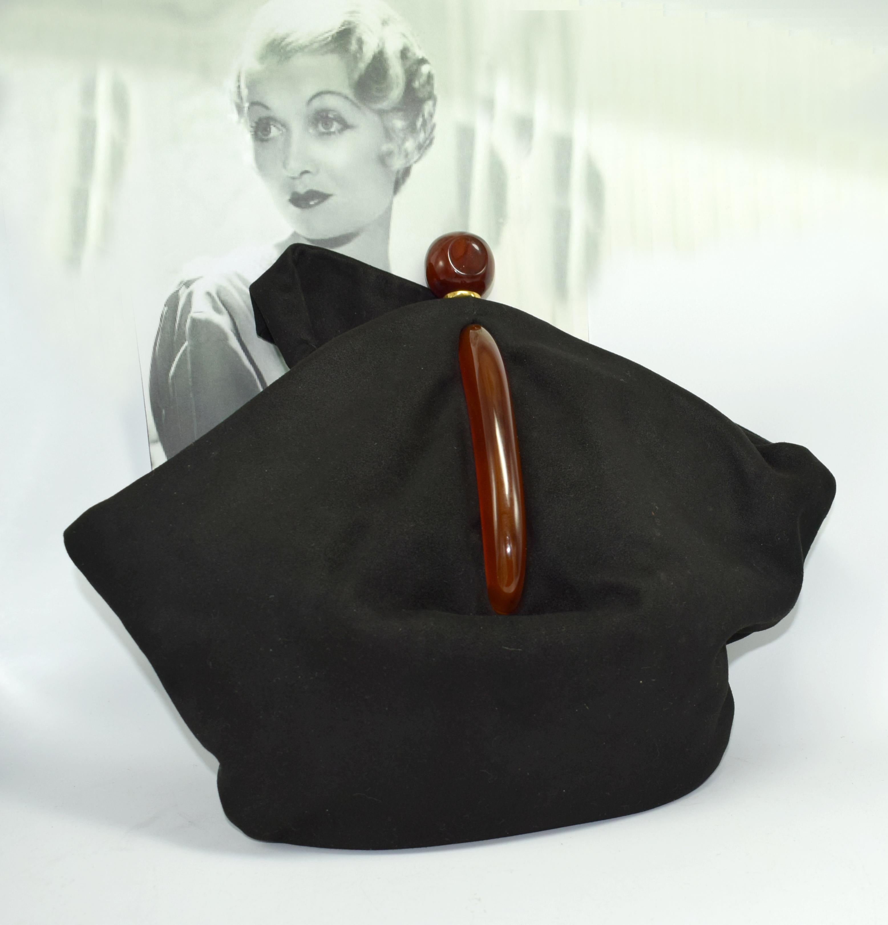 Silk Art Deco Black Suede Phenolic Bakelite Ladies Bag, circa 1930s For Sale