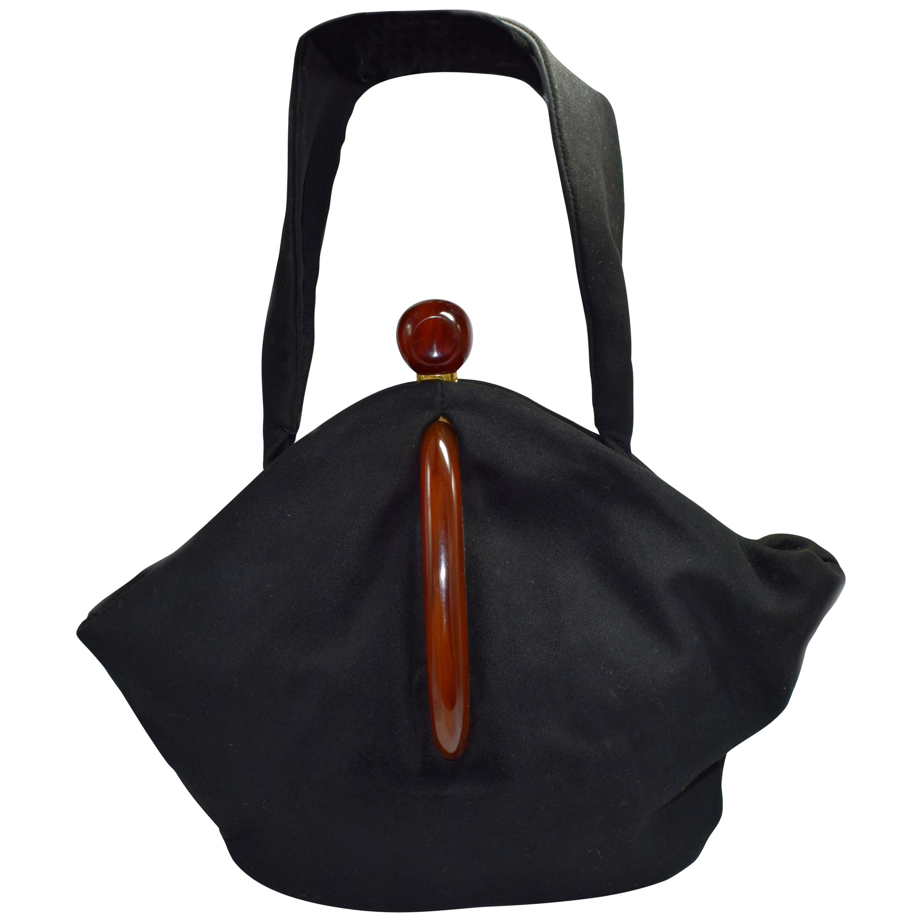 Art Deco Black Suede Phenolic Bakelite Ladies Bag, circa 1930s
