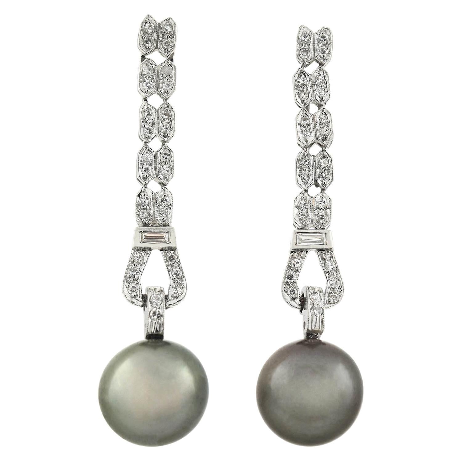 Art Deco Black Tahitian Pearl and 0.90 Total Carat Diamond Earrings