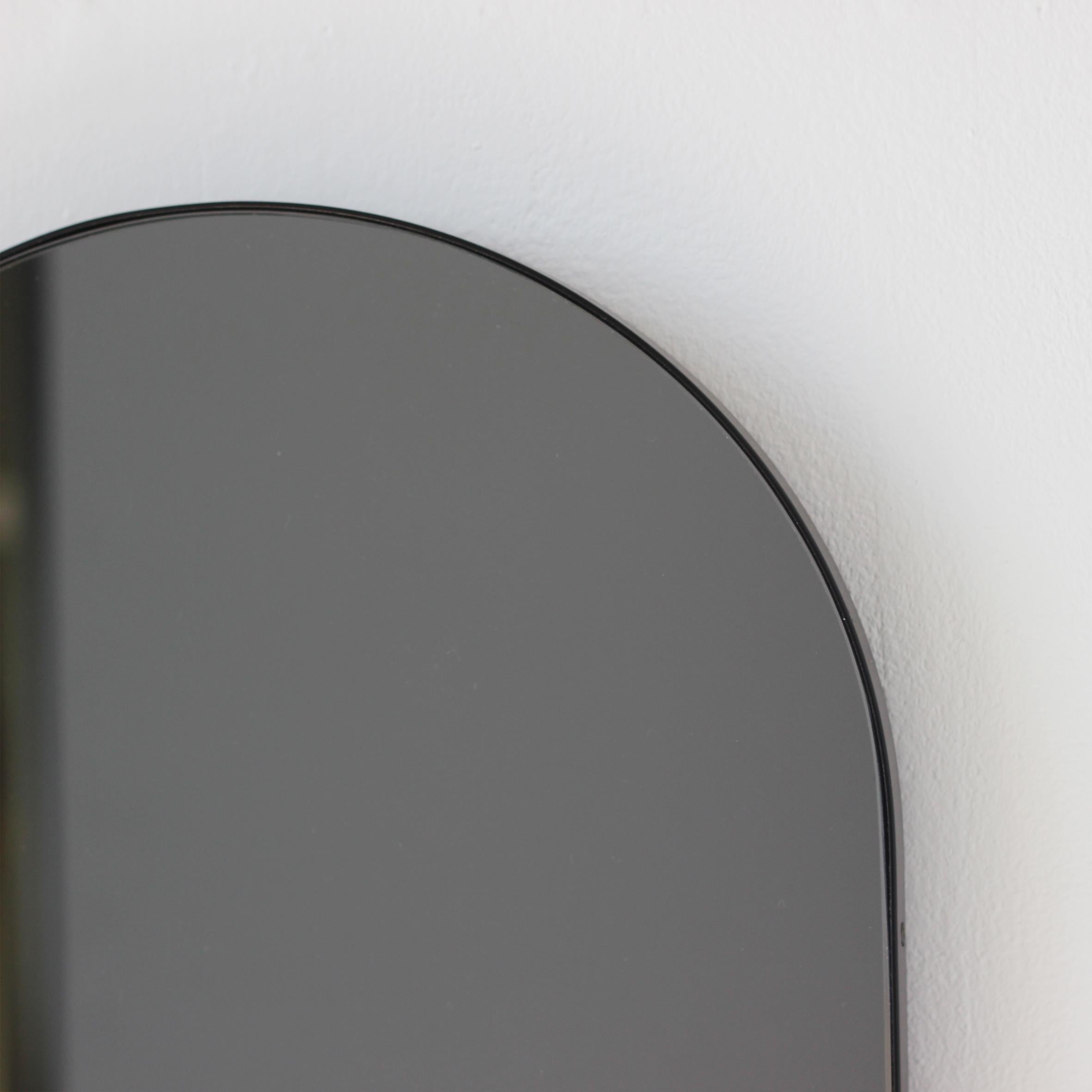 Organic Modern Arcus Arch shaped Black Tinted Art Deco Mirror with a Black Frame, Small For Sale