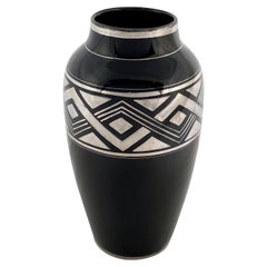Art Deco Black Vase with Geometric Pattern in Silver by Odyv