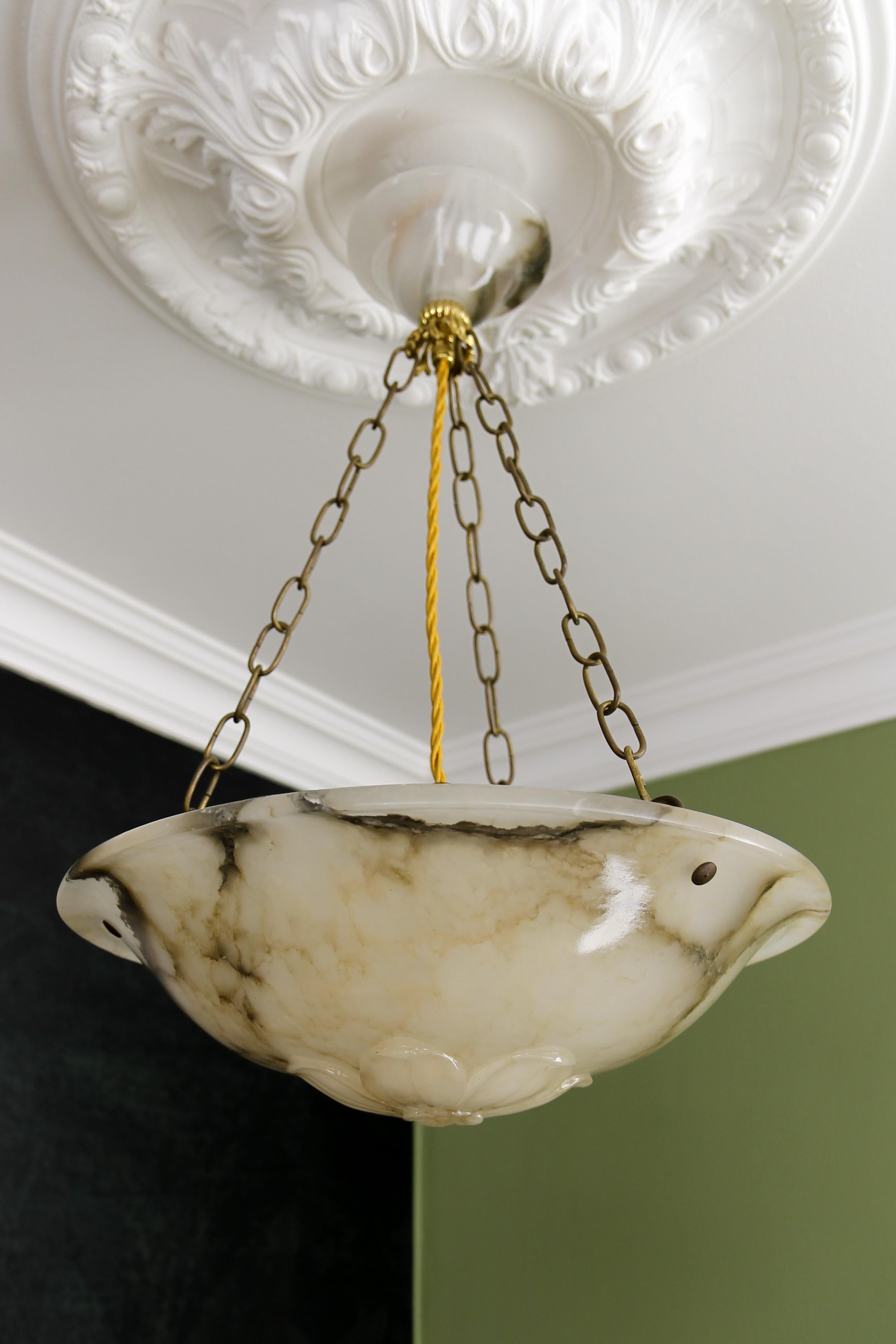French Art Deco Black Veined Alabaster and Brass Pendant Light, ca 1920 For Sale