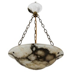 Antique Art Deco Black Veined Alabaster and Brass Pendant Light, ca 1920