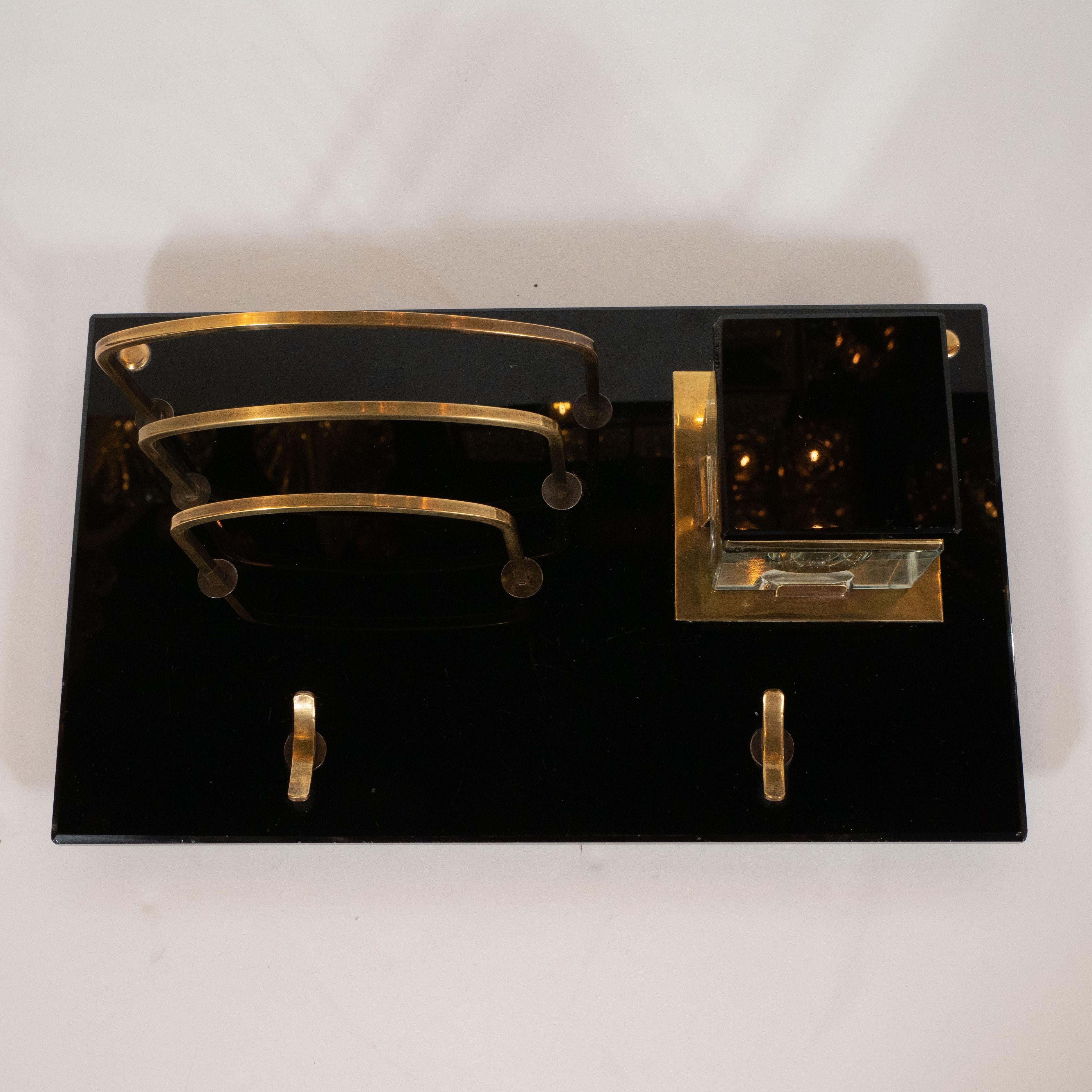 Art Deco Black Vitrolite and Brass Desk Set with Pen Rest, Inkwell & Stamp Caddy 5
