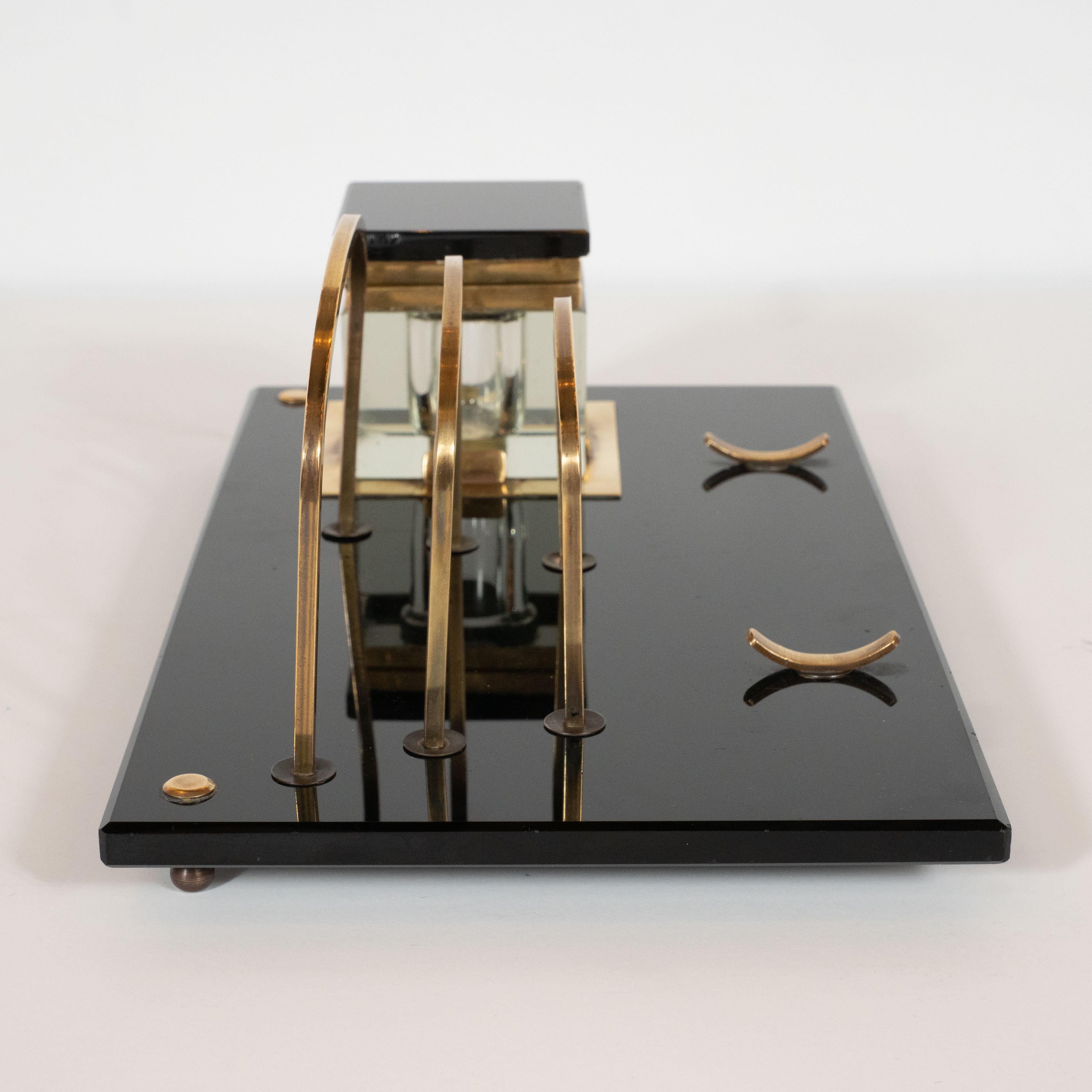 Art Deco Black Vitrolite and Brass Desk Set with Pen Rest, Inkwell & Stamp Caddy 7