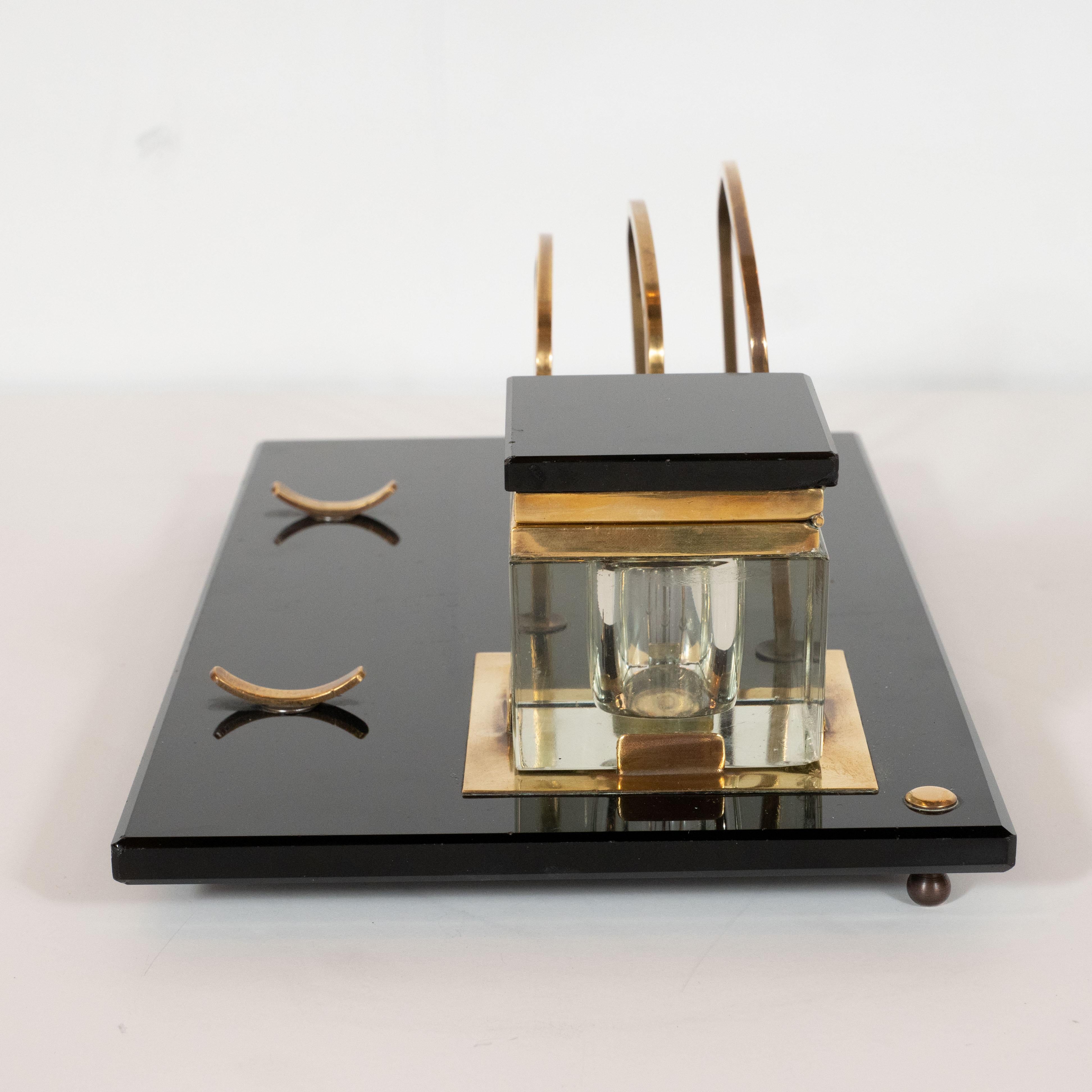 Art Deco Black Vitrolite and Brass Desk Set with Pen Rest, Inkwell & Stamp Caddy 8