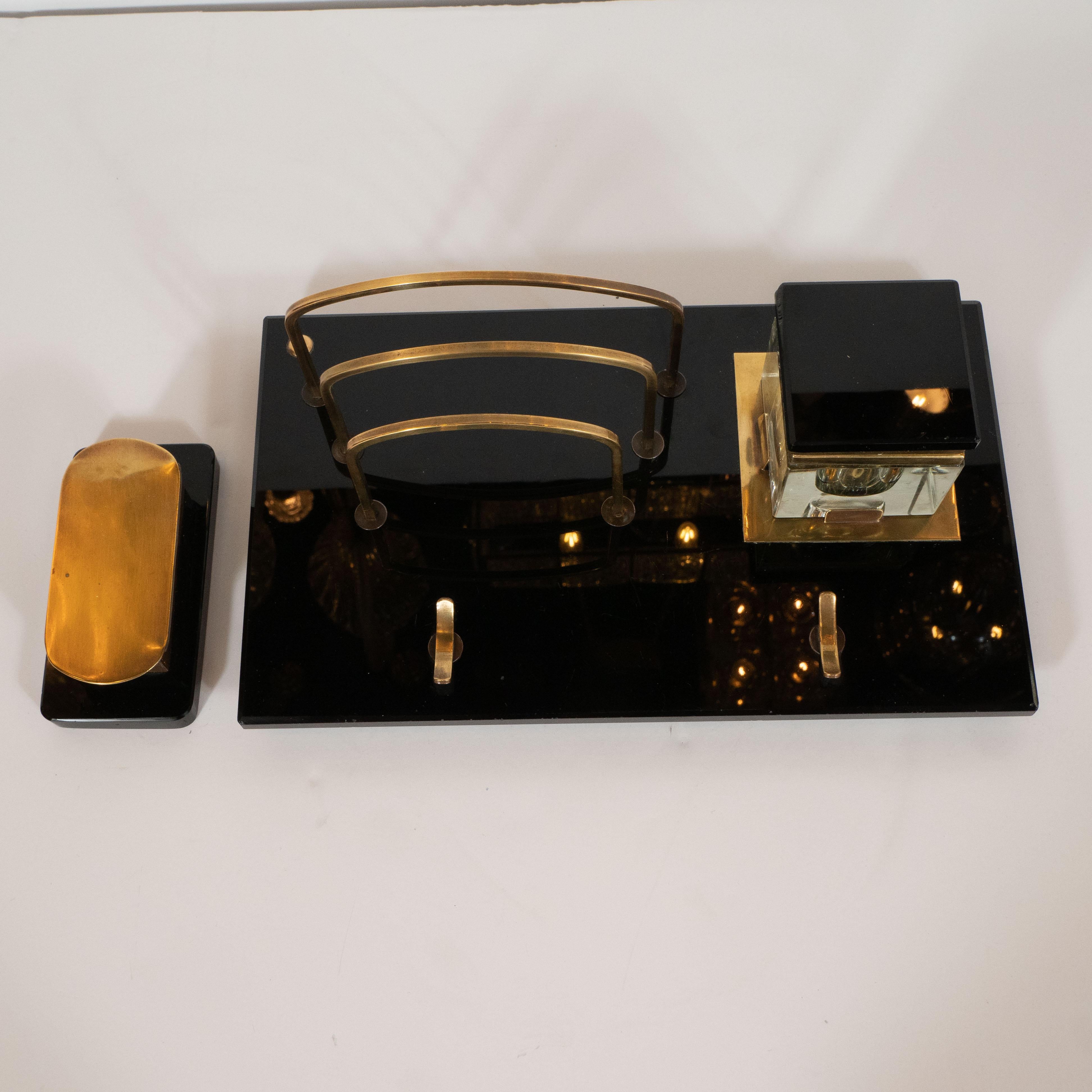 American Art Deco Black Vitrolite and Brass Desk Set with Pen Rest, Inkwell & Stamp Caddy