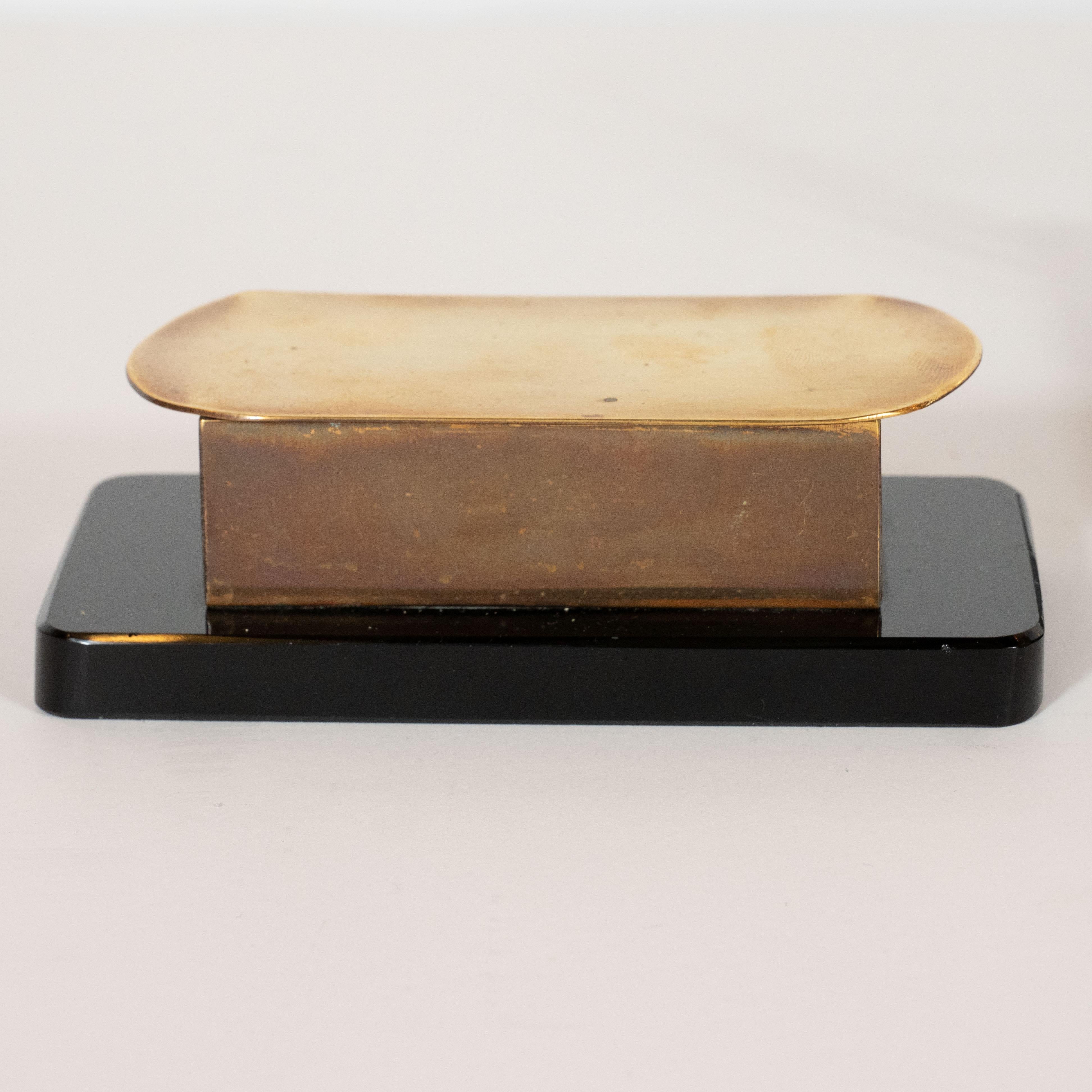 Art Deco Black Vitrolite and Brass Desk Set with Pen Rest, Inkwell & Stamp Caddy In Excellent Condition In New York, NY