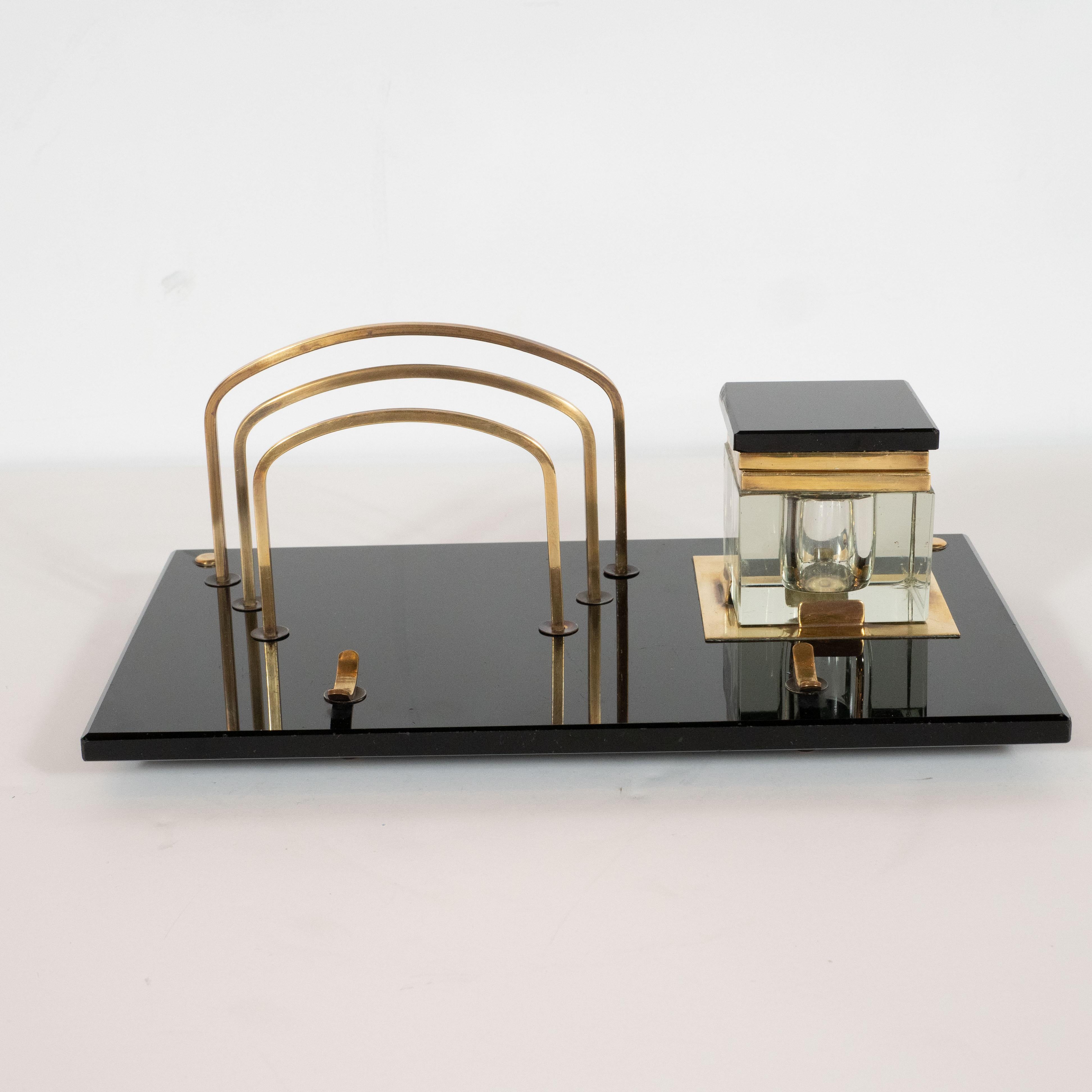 Art Deco Black Vitrolite and Brass Desk Set with Pen Rest, Inkwell & Stamp Caddy 2