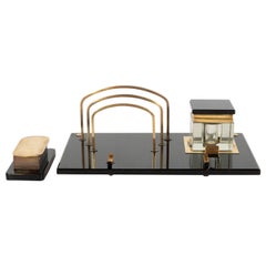 Art Deco Black Vitrolite and Brass Desk Set with Pen Rest, Inkwell & Stamp Caddy