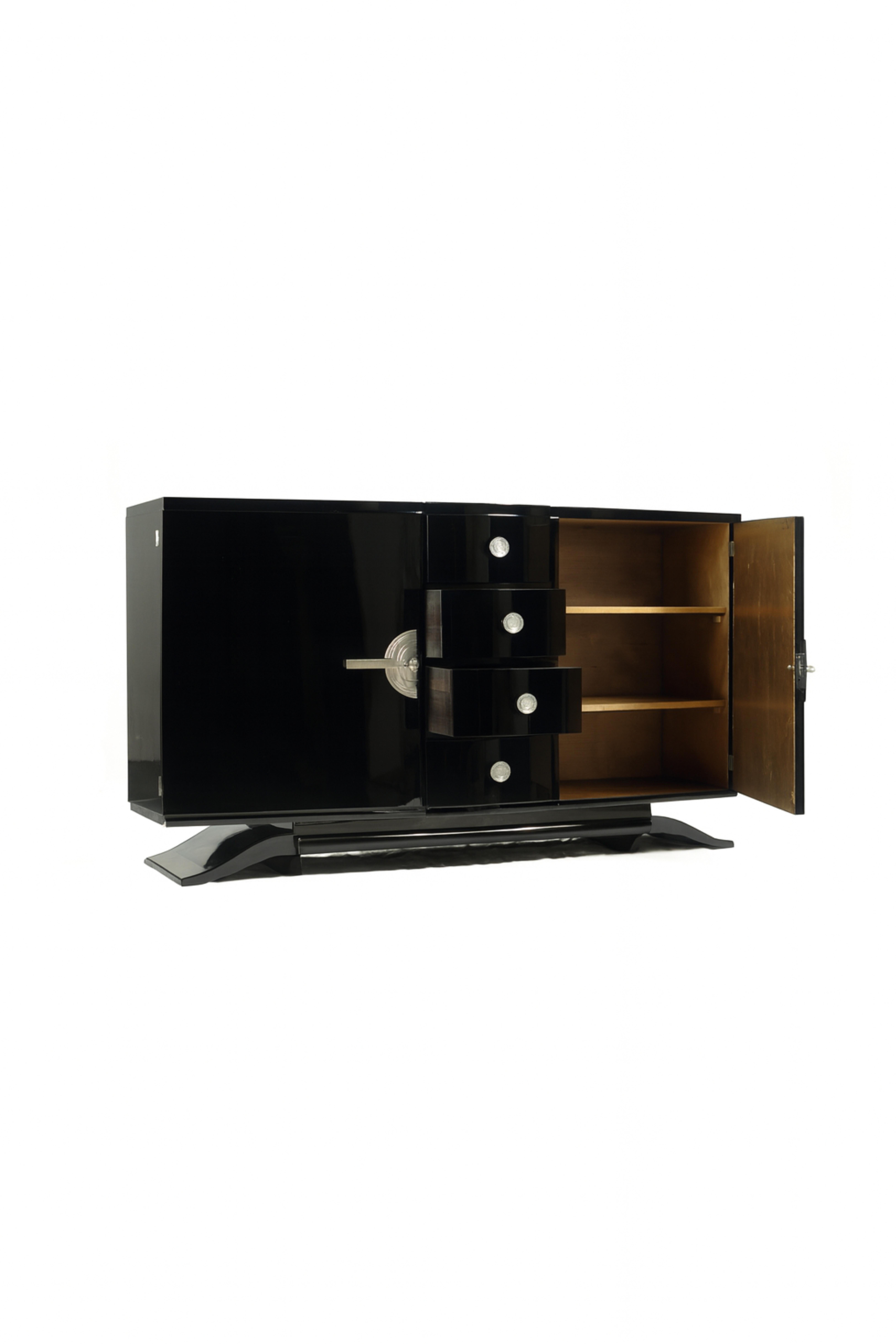Brass Art Deco Black White Lacquer Credenza Sideboard, 20th Century For Sale
