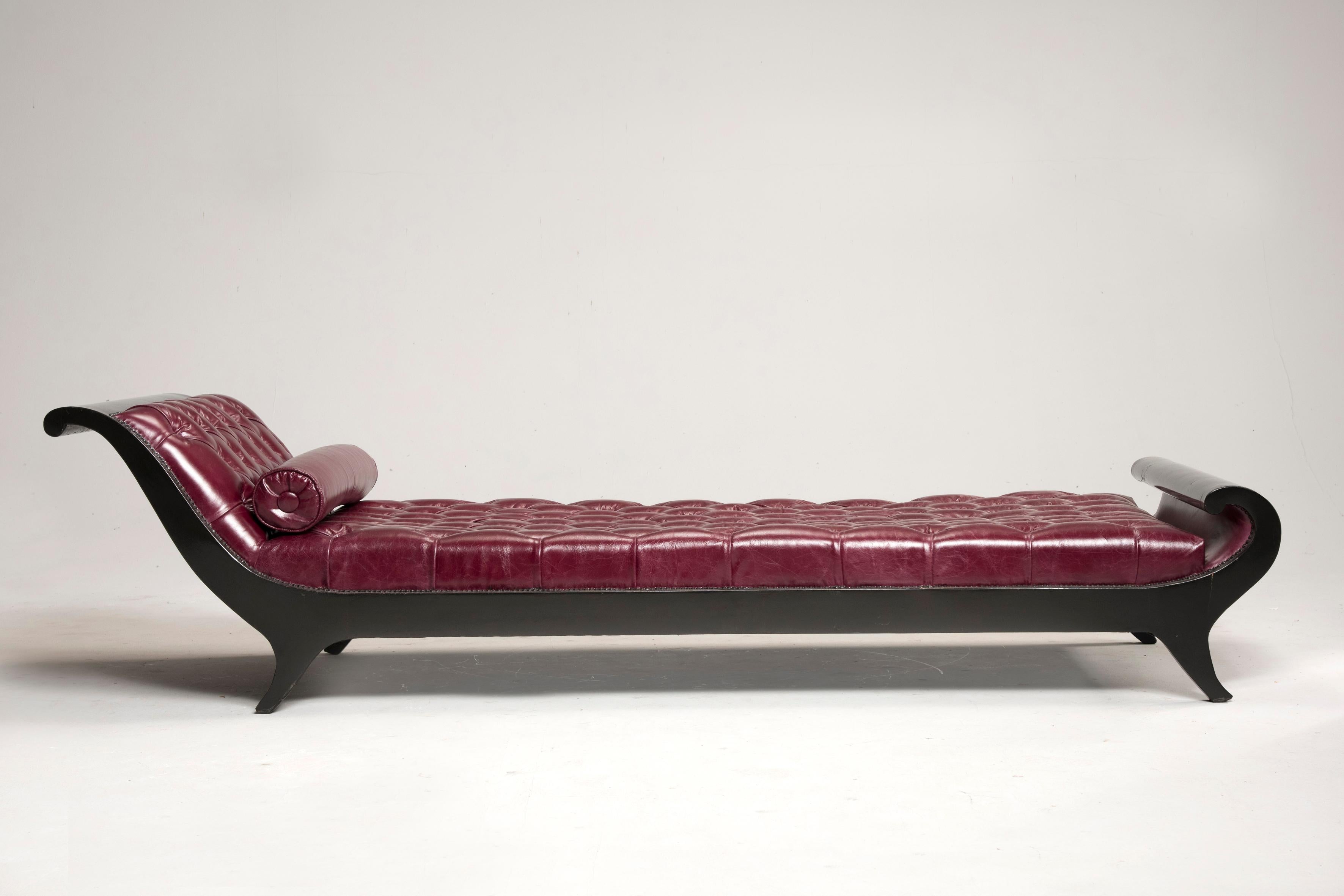 Art Deco black wood and leather daybed sofa.
Art Deco daybed sofa, from France, from 1930s Art Deco period. Black wood frame and leather upholstery. Conservative restoration of wooden parts, leather and padding have been renewed. Size: D 93 cm x W