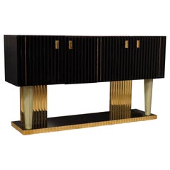 Art Deco Black Wood Brass and Murano Glass Italian Sideboard, 1920 Art Deco Black Wood Brass and Murano Glass Italian Sideboard, 1920