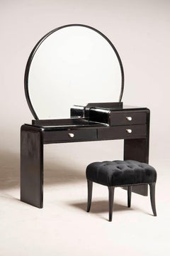Art Deco Black Wood Rounded Mirror Vanities Table with Stool and Drawers