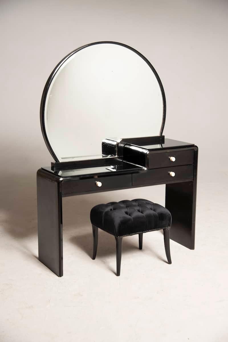 Ebonized Art Deco Black Wood Rounded Mirror Vanities Table with Stool and Drawers