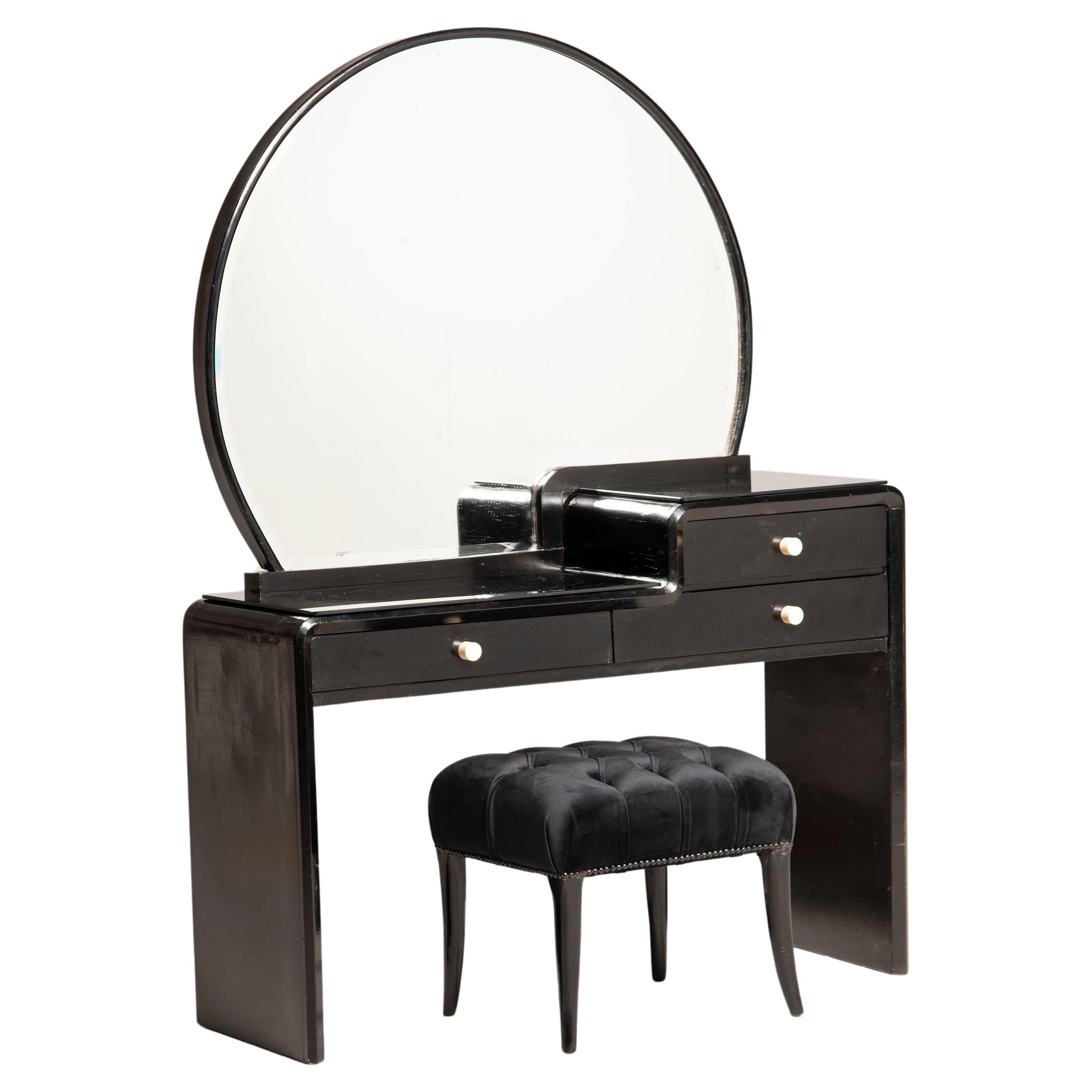 Art Deco Black Wood Rounded Mirror Vanities Table with Stool and Drawers