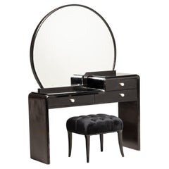 Vintage Art Deco Black Wood Rounded Mirror Vanities Table with Stool and Drawers