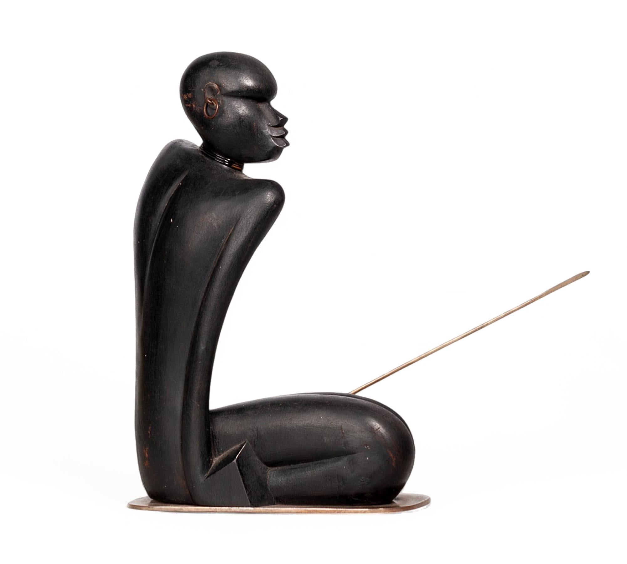 Austrian Art Déco Black Wood Sculpture of an African Warrior by Karl Hagenauer, Austria For Sale