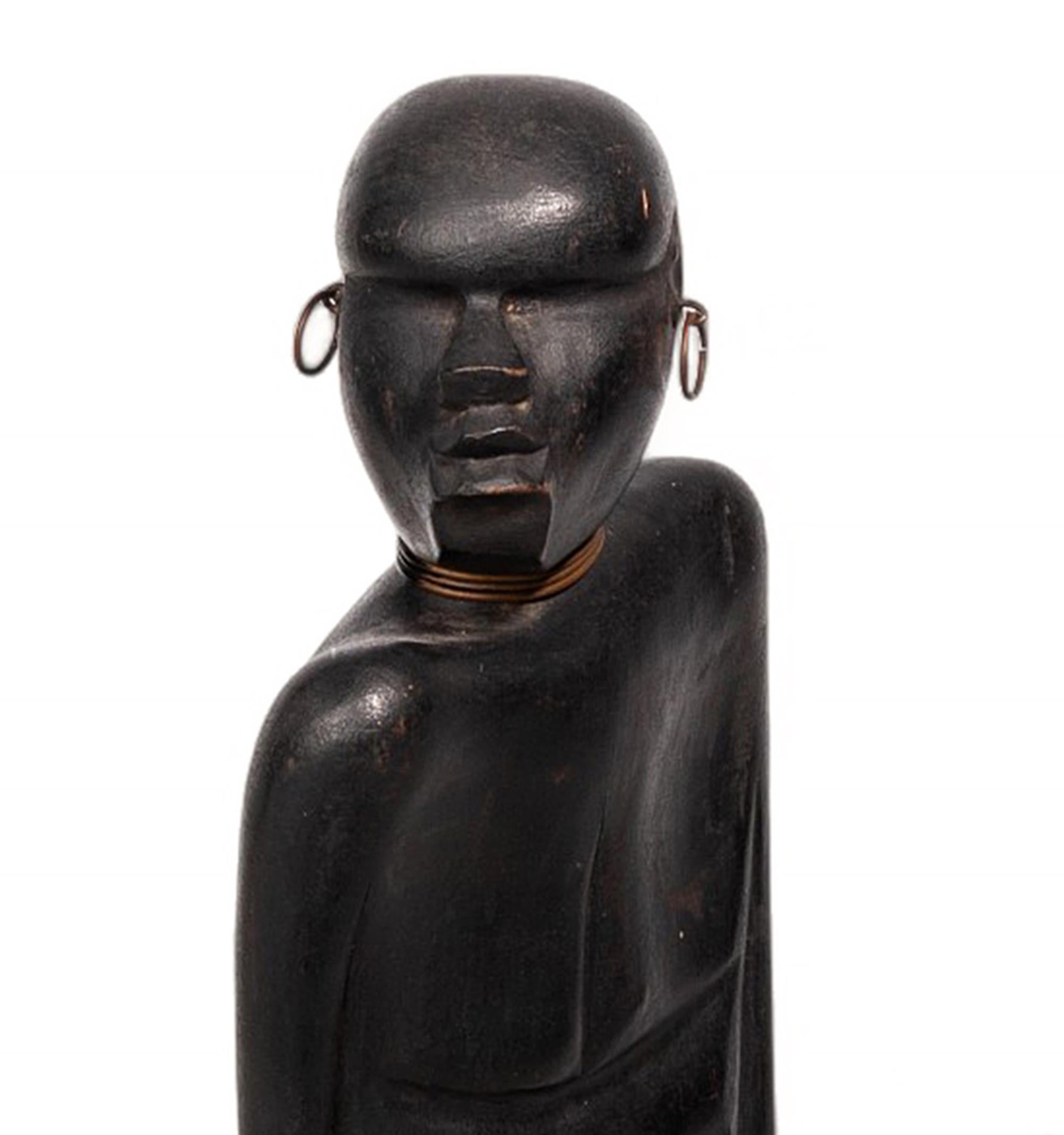 Metal Art Déco Black Wood Sculpture of an African Warrior by Karl Hagenauer, Austria For Sale