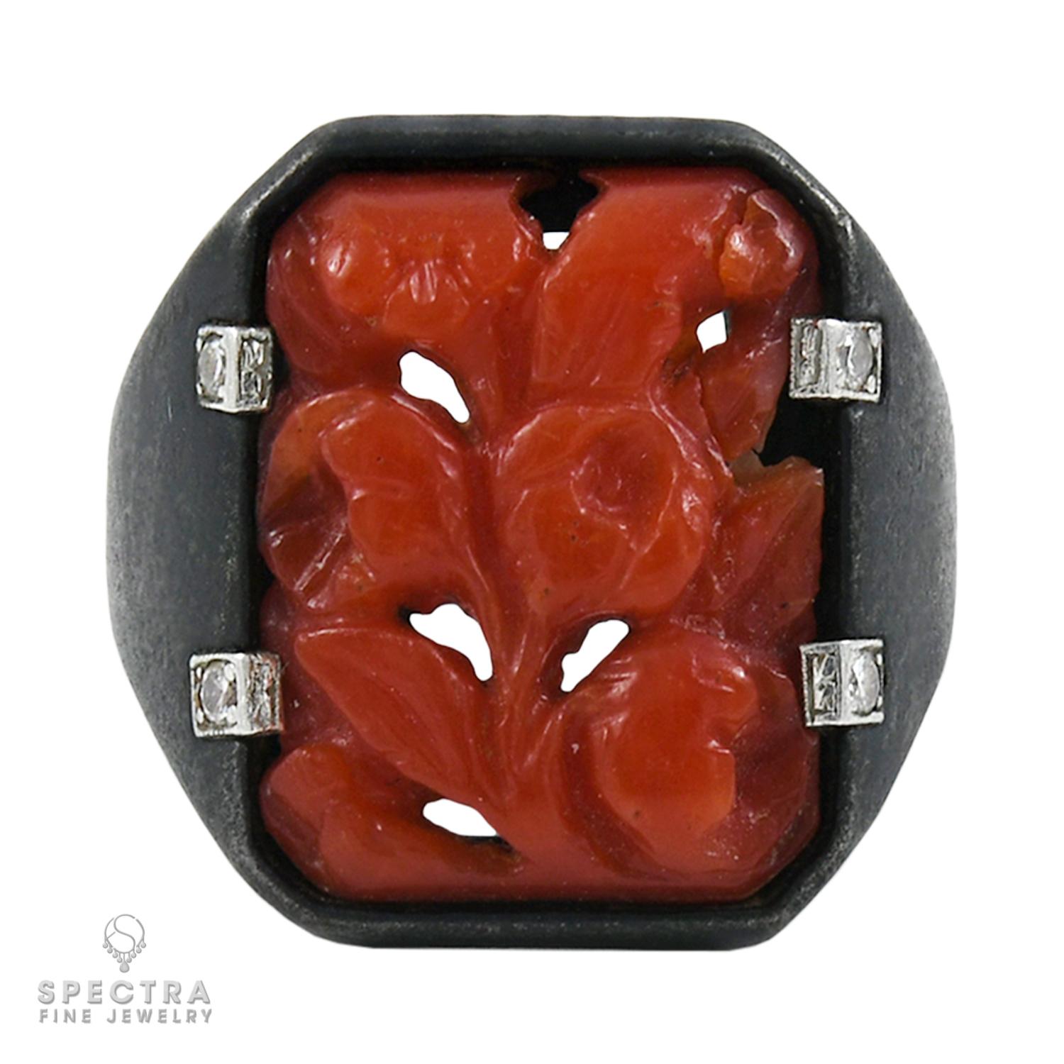 Art Deco Blackened Steel Coral Diamond Set, circa 1930s In Good Condition For Sale In New York, NY