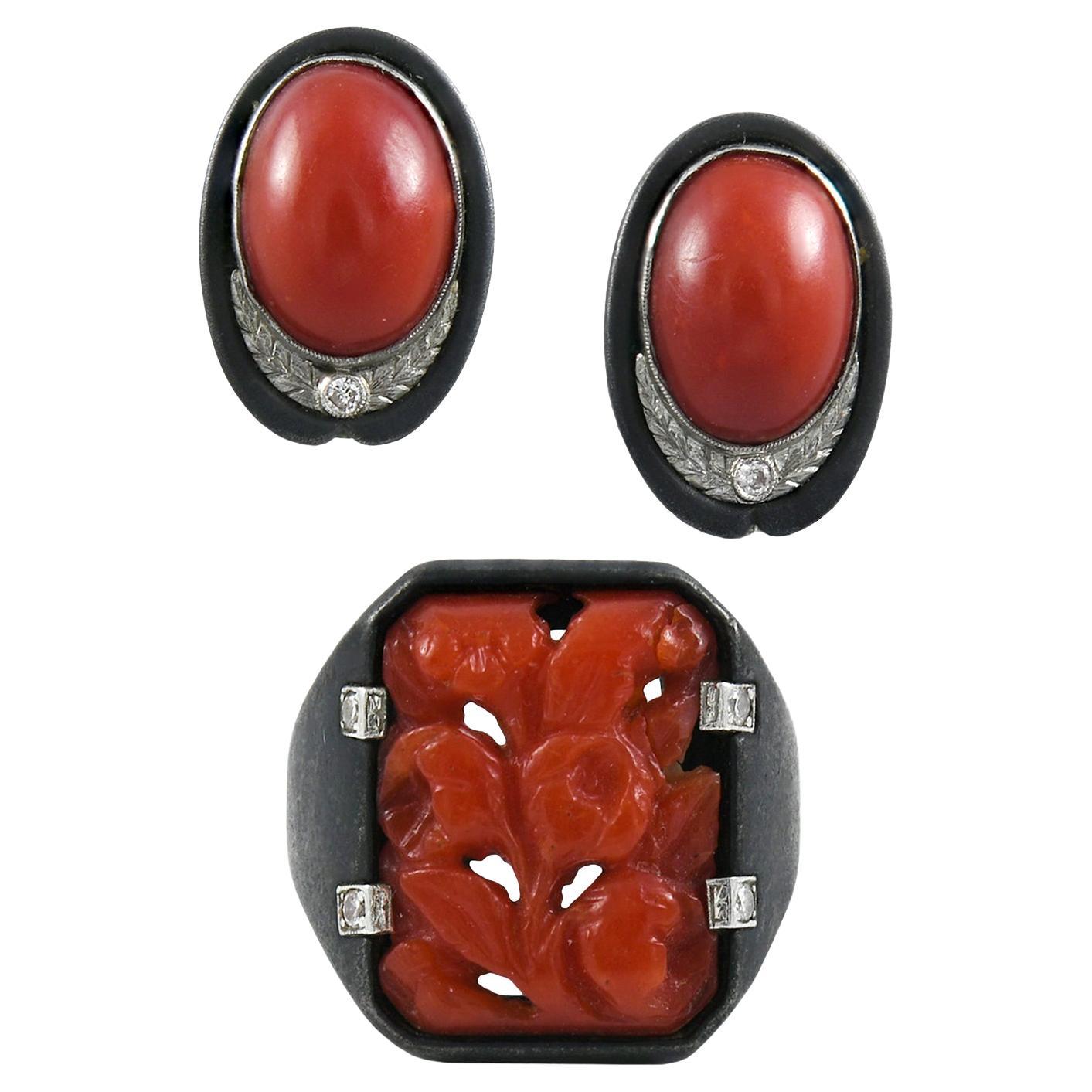 Art Deco Blackened Steel Coral Diamond Set, circa 1930s